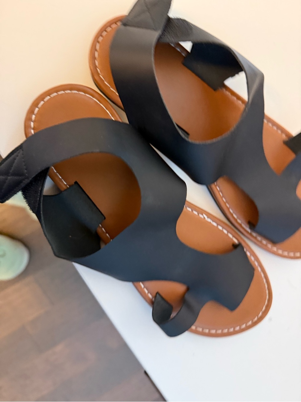 Black Leather Slide Sandals with Tan Footbed - Women